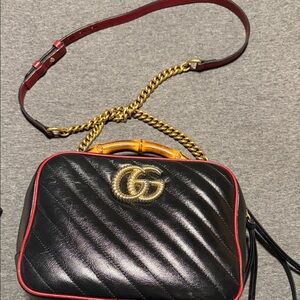 Gucci Black and Red Crossbody Bag with Gold Chain